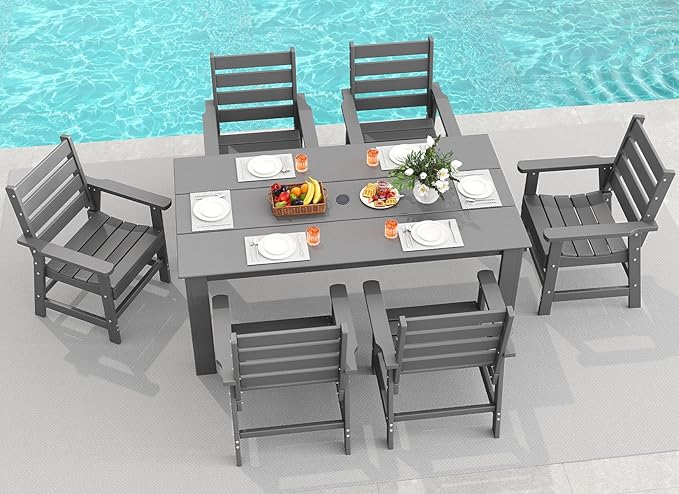 GREENVINES 7-Piece Outdoor Dining Set | HDPE | Patio Table and Chairs Sets for 6 | Patio Furniture | All Weather | Umbrella Hole | Grey | for Backyard Poolside Garden