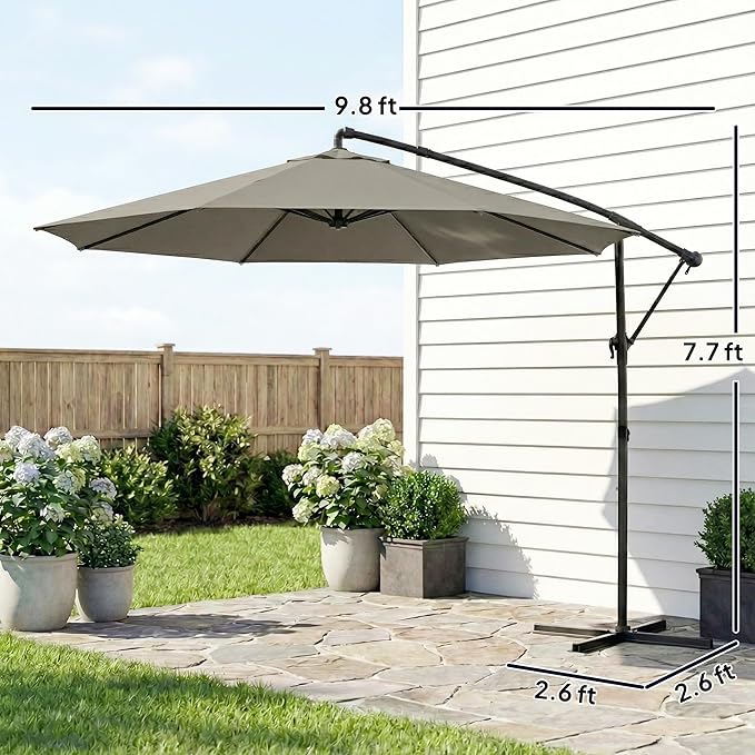 Outsunny 10 ft Offset Patio Umbrella with Cover, Round Hanging Cantilever Umbrella with 6-Position 360° Rotation, Crank Handle, Tilt, Cross Base, Heavy Duty Outdoor Umbrella for Garden