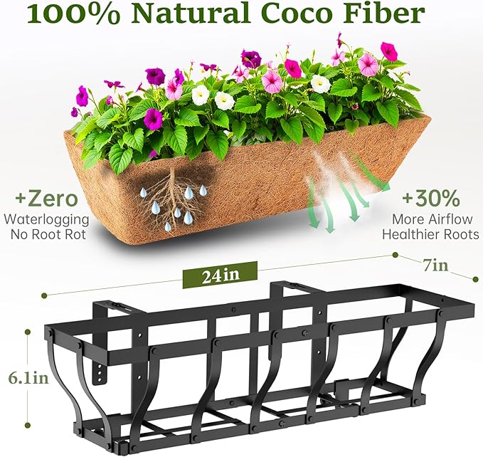 Railing Planter Boxes, Heavy Duty Window Box Planters, Adjustable Balcony Planters for Railing Hanging, with Coco Liner & Support Rod for Deck, Porch, and Patio Gardening (3 Pack, 24 Inch)