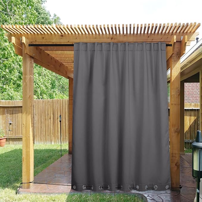 NICETOWN 2 Panels Weighted Blackout Curtains for Patio Waterproof, Top & Bottom Grommet & Back Tab Fixed Outdoor Curtains Windproof Drapes Thermal Insulated for Porch, W84 x L84, Grey