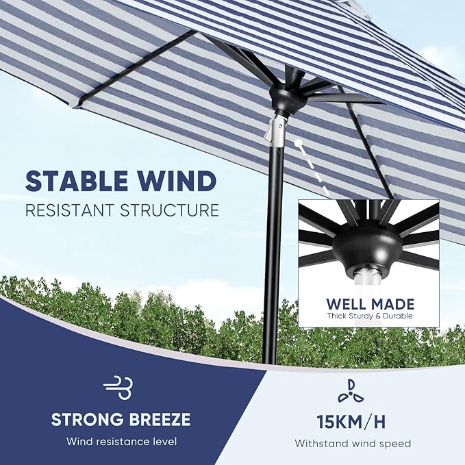 Tempera Patio Market Outdoor Table Umbrella with Auto Tilt and Crank, Large Sun Umbrella with Sturdy Pole & Fade Resistant Canopy, Easy to Set
