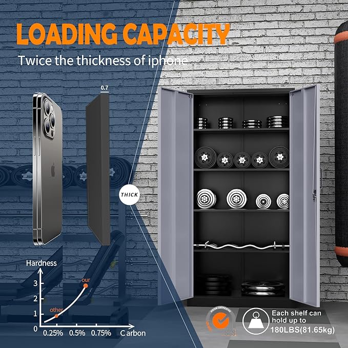 Yizosh Metal Storage Cabinet with Locking Doors and 5 Adjustable Shelves, 72" Garage Storage Cabinet Steel Lockable for Office,Home,Garage