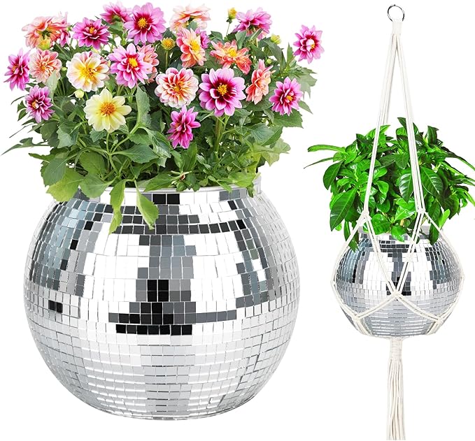 Disco Ball Planter, 1pcs 9” Silver Disco Ball Planter, Disco Ball Plant Hanger with Hanging Rope, Hanging Chain, Hook, Circle and Extra Mirror Pieces