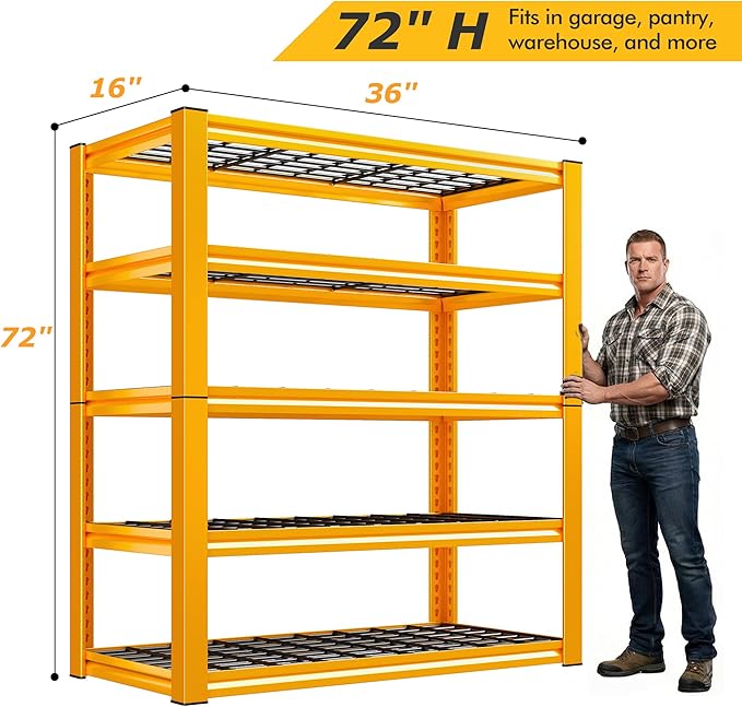 REIBII Garage Shelving Load 3200LBS, 5-Tier Storage Shelves, Adjustable Heavy Duty Metal Shelving Unit for Pantry, Basement, Warehouse, 72" H x 36" W x 16" D H, 3PC