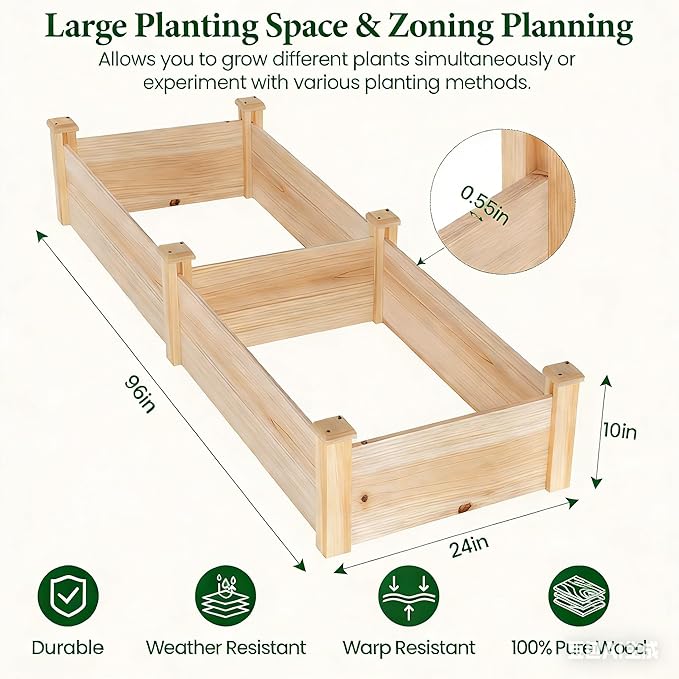 MIXC 8×2ft Wooden Horticulture Raised Garden Bed Divisible Elevated Planting Planter Box for Flowers/Vegetables/Herbs in Backyard/Patio Outdoor, Natural Wood