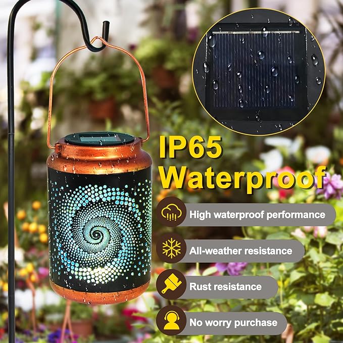 2 Pack Solar Lanterns Outdoor Hanging Metal Waterproof LED with Solar Powered Garden Patio Decorations Decor with Handle Christmas Gift Idea