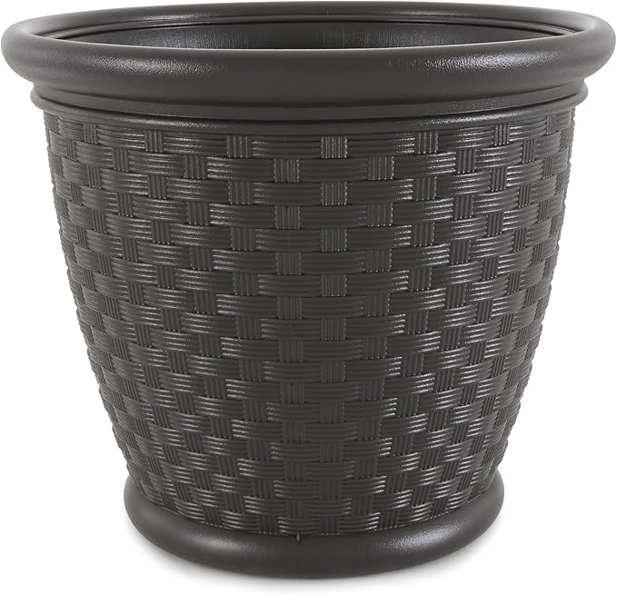 Suncast Sonora 18 Inch Lightweight Durable Plastic Wicker Decorative Flower Planter Pot for Yard, Garden, Indoor or Outdoor Use, Brown