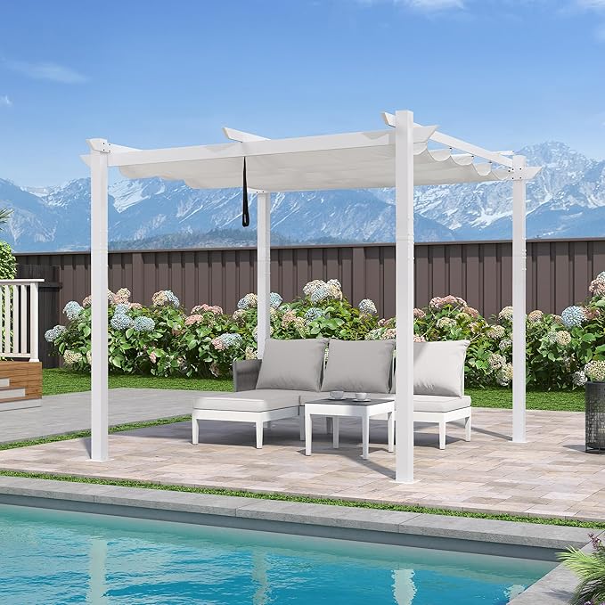 PURPLE LEAF 10' x 10' Aluminum Outdoor Pergola White Wind-Resistant Retractable Pergola with Double Sun Shade Canopy Heavy-Duty Metal Pergola for Patios Backyard Deck Garden, White