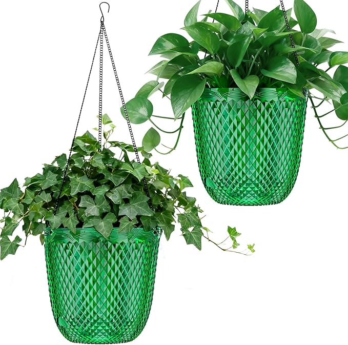 QCQHDU Self Watering Hanging Pots, 2 Pack 7.2 Inch Hanging Planters for Plants Indoor, Outdoor Flower Pots with Drainage Holes and 3 Hooks Chains for Garden Home (Emerald)