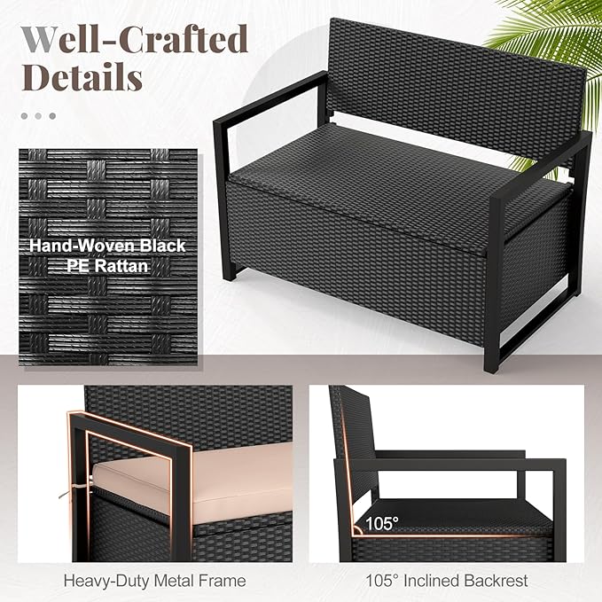 Tangkula 40 Gallon Outdoor Bench with Storage, Patio Wicker Storage Bench with Cushion, Cover, Metal Frame, Deck Box Seat for Backyard, Poolside, Balcony, Garden