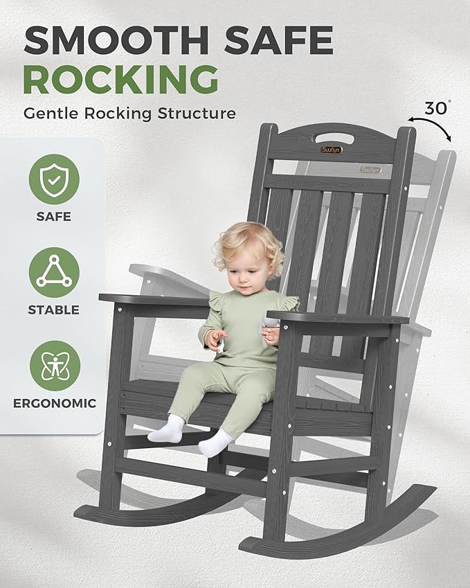Oversized Outdoor Rocking Chairs Set of 4, High Back Porch Rocker Chair, HDPE All Weather Resistant Rocking Chairs for Patio, 380lbs Weight Capacity, Dark Grey