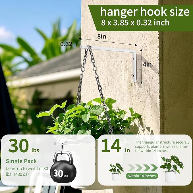 Plant Hangers Outdoor Indoor, 4 Pack 8" Plant Hooks for Hanging Bird Feeder Flower Basket Wind Chime Solar Lantern, Wall-Mounted Decorative Hook, Heavy Duty Rust-proof Steel Bracket for Hanging Plants
