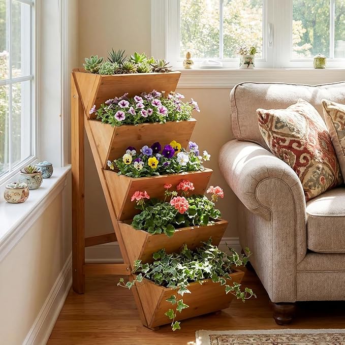 Giantex 5-Tier Wooden Vertical Raised Garden Bed, Freestanding Plant Stand with Legs for Herbs Vegetables Fruits, Indoor Outdoor Tiered Wood Planter Box Flower Rack for Patio, Balcony & Yard