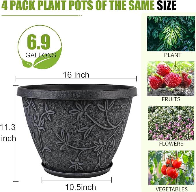 4 Pack 16 Inch Large Plant Pot for Outdoor, Plastic Flower Pot Indoor with Drainage Hole & Saucer, Modern Decorative Garden Pot, Imitation Magnolia Garden Pots for House Planters（Gray）
