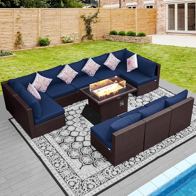NICESOUL Modern Outdoor Patio Sectional Sofa Set with Firepit Natural Gas/Propane, 29.3'' High Back Wicker Conversation Set, 10 Seats Large Deep Seating Furniture, Brown Rattan and Navy Blue Cushion
