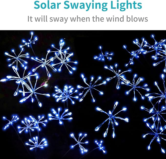 JJGoo Solar Garden Lights, New Upgraded 2 Pack Solar Swaying Starburst Light, Waterproof Fireworks Outdoor Lights, Yard Patio Pathway Decoration, Blue