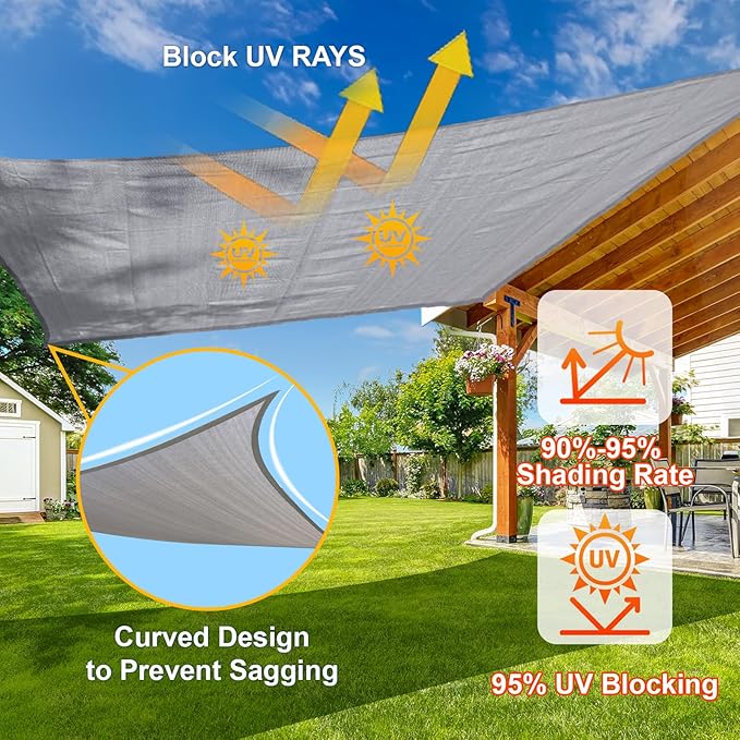 SUNLAX Sun Shade Sail 8' x 16' x 17.9' Silver Rectangle Canopy Sail Shade Cover UV Block Permeable Sunshade Outdoor for Patio Backyard Deck Pergola (We Make Custom Size)