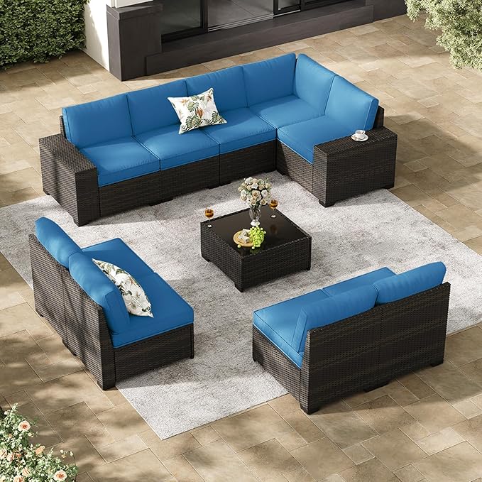 Jing's Villa 10-Piece Patio Furniture Set, All-Weather Outdoor Wicker Sectional Sofa with Cushions,Glass Table & Left and Right Armrest, Rattan Conversation Seating for Porch, Backyard,Peacock Blue