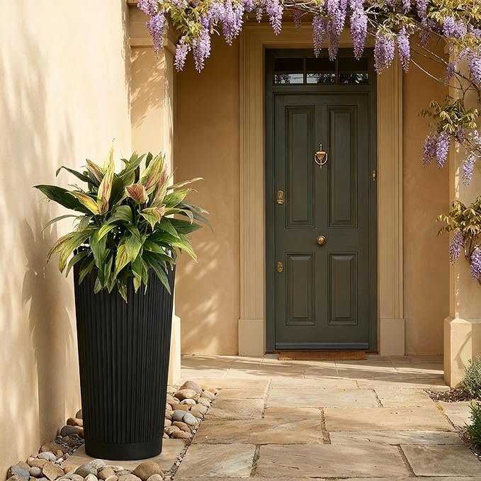 24in Tall Self-Watering Planters Set of 2 - Black Flower Pots with Water Level Monitor, Non-Toxic Plastic Planters for Indoor Outdoor Patio, Porch, Living Room, Home Office
