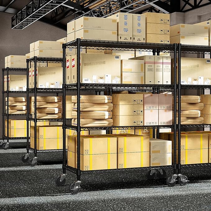 53" W Storage Shelves 1760LBS 4 Tier Metal Shelving Unit with Wheels Heavy Duty Garage Shelving Adjustable Wire Shelves for Pantry,Kitchen,Garage,Basement,Black 23.6" D x 53.2" W x 73.6" H