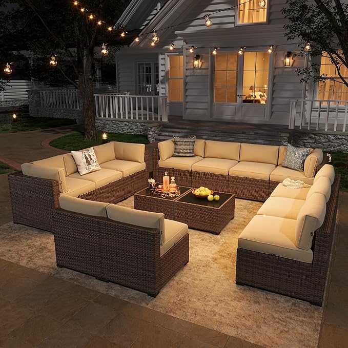 Aoxun Patio Furniture Sets, 14-Piece Outdoor Patio Furniture with 44'' Propane Gas Firepit Table, Wicker Outdoor Conversation Set Sectional Sofa for Backyard, Poolside, Garden