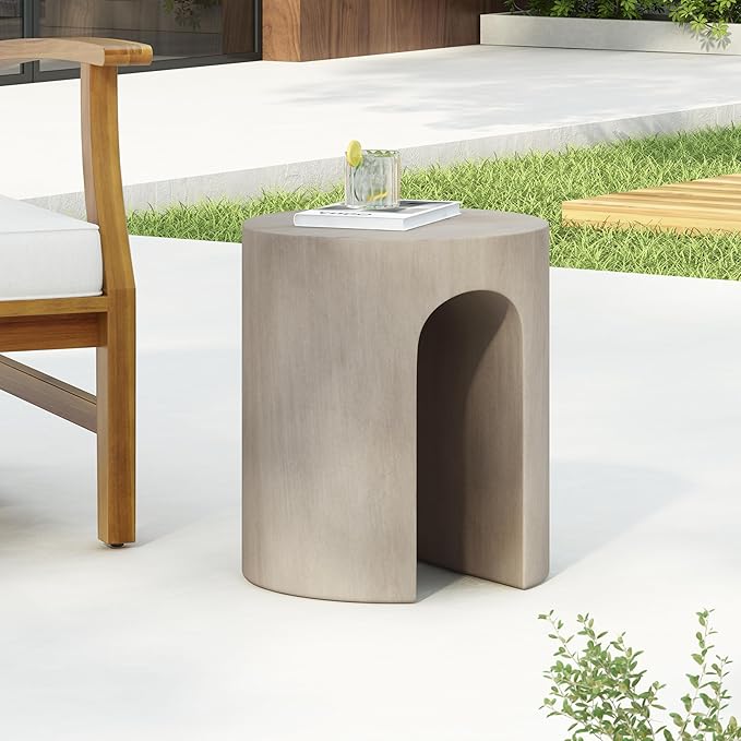 Christopher Knight Home Outdoor Round Side Table, U-Shaped Patio Garden Stool Coffee End Table,Decorative Accent Table for Patio,or Balcony,Lightweight Concrete Material,Light Gray