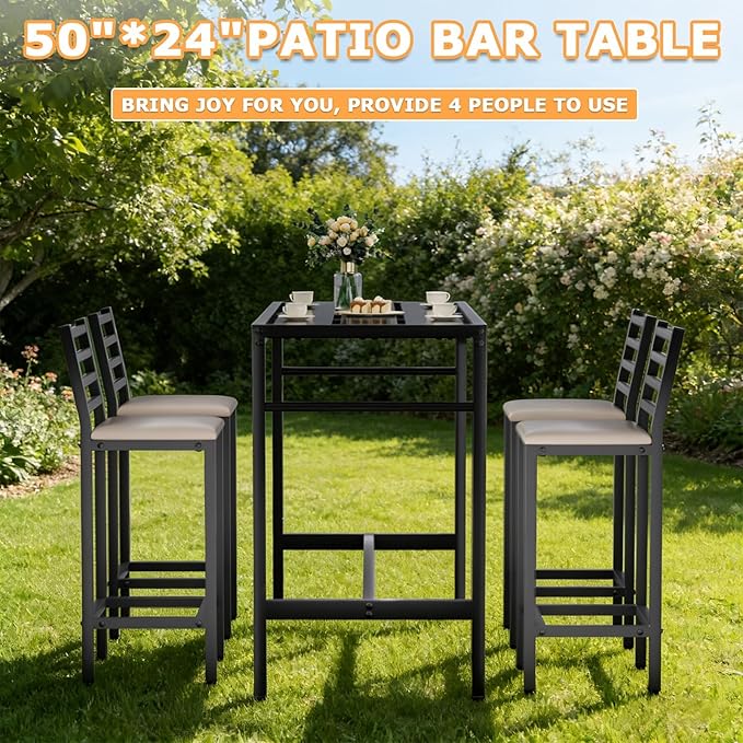 5 Piece Outdoor Patio Bar Set, 54.7" Rectangular Counter Height High Top Bar Tables, 4 Cushioned 41" Bar Stools, Metal Bar Table and Chairs Set for Poolside, Balcony, Backyard, Porch