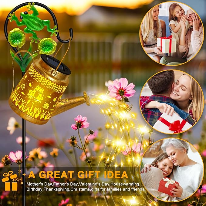 Solar Lanterns Outdoor Garden Decor, Mothers Day Gifts for Women Mom Grandma Birthday, Large Frog Hanging Watering Can with Shepherd Hook, Waterproof Garden Lights for Outdoor Yard Christma Gifts