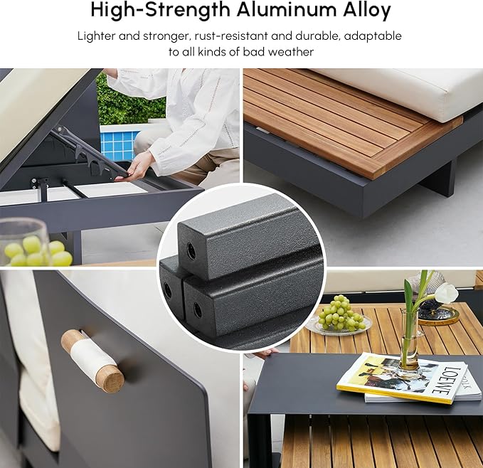 homary 6 Piece Aluminum & Teak Outdoor Sofa Set, Patio Sofa Seat L-Shaped Outdoor Sectional Sofa Set with Adjustable Backrests, Waterproof, Fade Resistant Cushions Ideal for Patios & Balconies,Beige