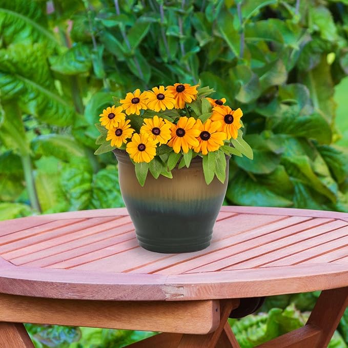 Sunnydaze Round Ceramic Planter - Set of 2 Indoor or Outdoor Plant Pots with Drainage Hole - Studio - 11" - Forest Lake Green Glaze