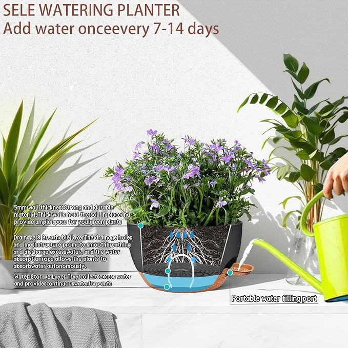 2 Pack 12 Inch Self Watering Hanging Planters for Indoor Plants, Large Black Brown Plastic Hanging Pots with Chains for Outdoor Patio Garden Home Decor Black Brown