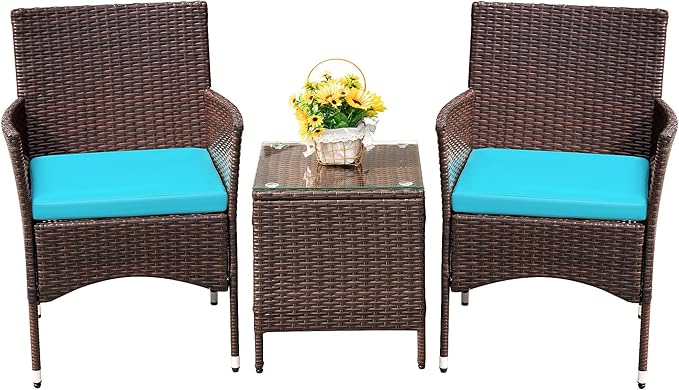 Devoko Patio Porch Furniture Sets 3 Pieces PE Rattan Wicker Chairs with Table Outdoor Garden Furniture Sets (Brown/Blue)