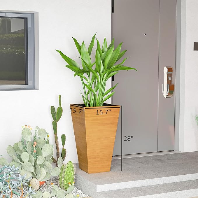 Outsunny Tall Planter for Outdoor Plants Set of 3, 28 Inch Taper Planter with Drainage Holes, Wood Grain Decor Garden Pot for Indoor Outdoor Porch Patio Backyard, Light Brown