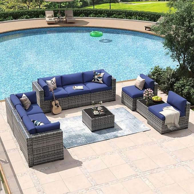 Aoxun 10 Piece Patio Furniture Set Wicker Rattan Patio Conversation Set Outdoor Sectional Sofa Set with Coffee Table and Thickened Cushions, Gray/Blue (Waterproof Cover Included)
