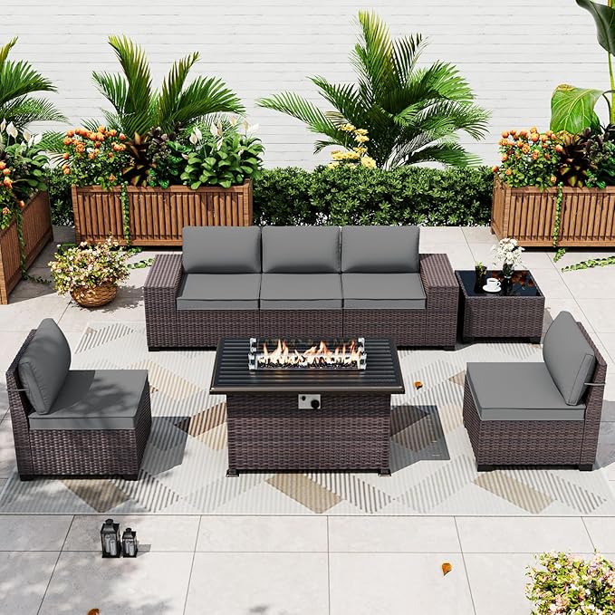 ALAULM 7 Pieces Patio Furniture Set with Fire Pit Table 55000BTU, Oversized Seat/Armrest and High Back Wicker Conversation Set with Thick Cushion for Backyard, Garden, Black