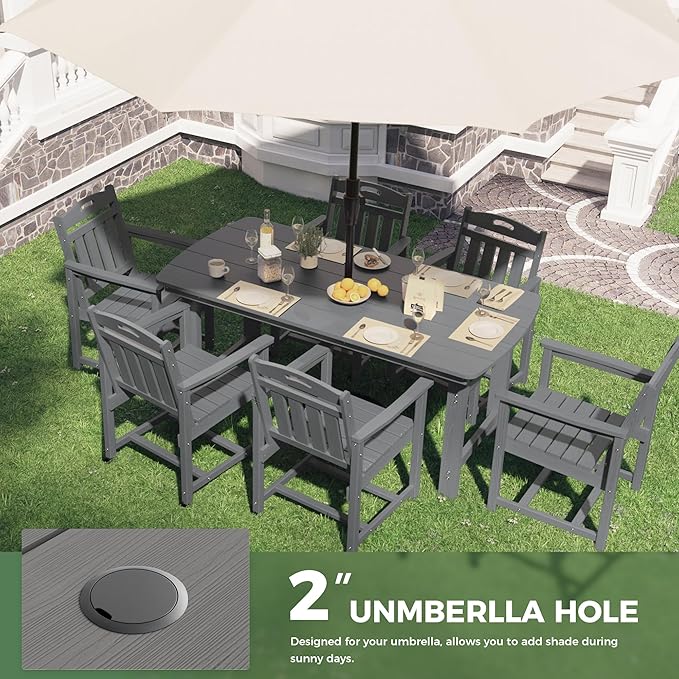 HDPE Outdoor Patio Dining Set with Table & 6 Chairs, All-Weather 7-Piece Outdoor Table and Chairs, 2" Umbrella Hole, Patio Furniture for Garden, Backyard, Deck | Grey