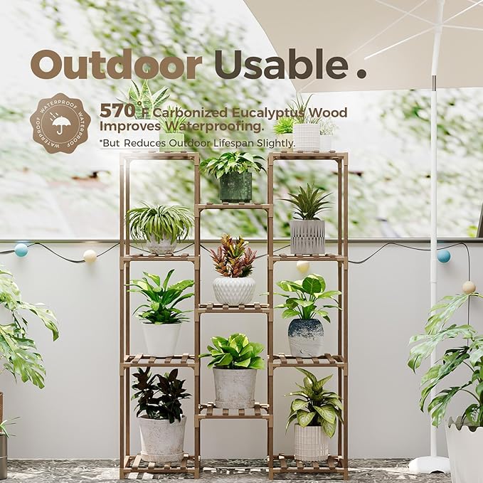 Bamworld Plant Stand Indoor Outdoor Tall Plants Shelf for Multiple Plants Pots Wood Flower Stand Large 11 Pots Plant Holder for Living Room, Patio, Balcony, Garden