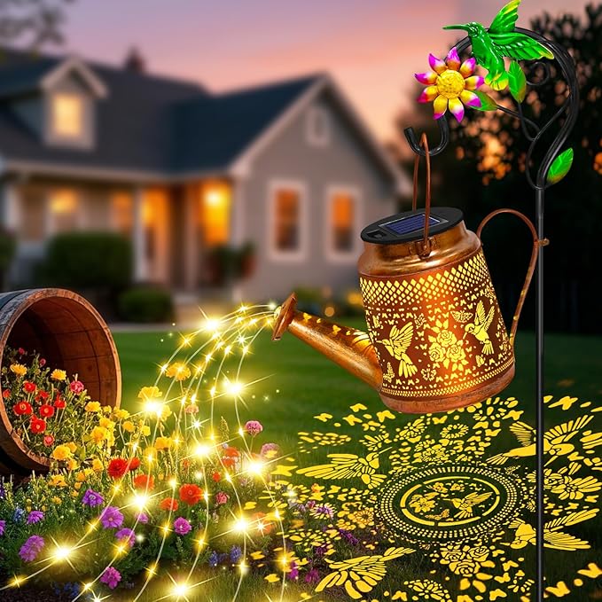 Solar Lights Outdoor Waterproof Garden Decor,Solar Watering Can Lights Hummingbird lanterns,Birthday Gifts for Mom Women,Decorative Outside Metal Hanging Fairy String Light for Yard Art Patio Porch