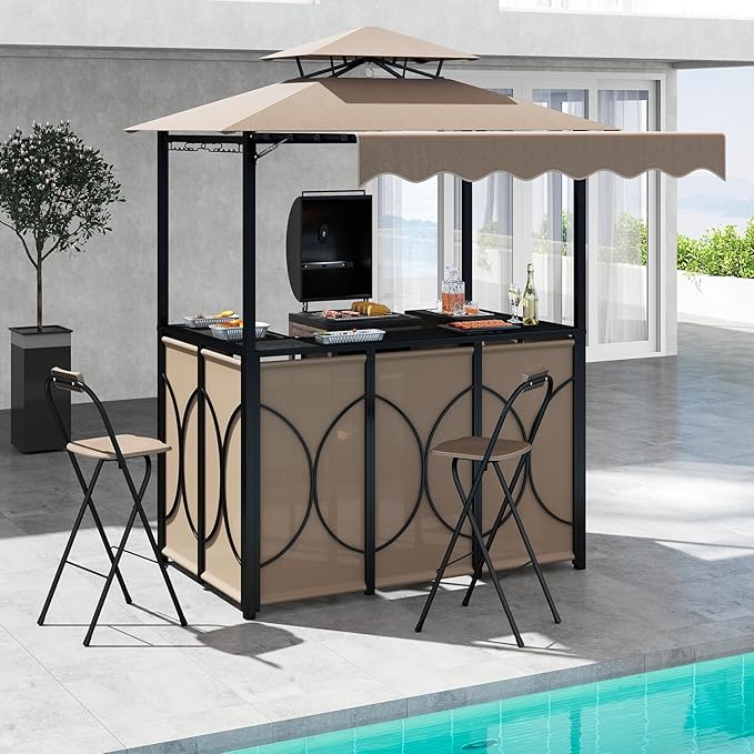 Tangkula 3 Piece Patio Bar Set, Grill Gazebo & 2 Foldable Bar Stools with Awning, Metal Storage Shelves, Glass Holders, Double-Tier Outdoor Shelter for Patio Poolside Garden Backyard (Coffee)