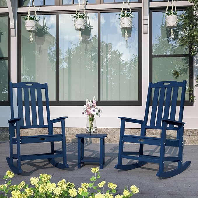 Oversized Rocking Chair Set of 8, Outdoor Rocking Chair for Adults, All Weather Resistant Porch Rocker for Lawn Garden, Navy Blue