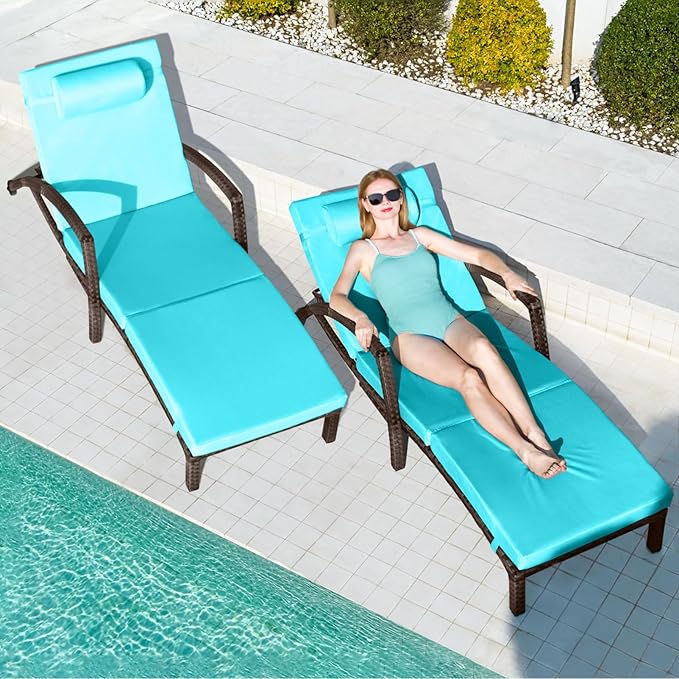 Chaise Lounge Chairs Outdoor Set of 6, Comfy Outside Wicker Patio Pool Lounge Chair w/ 5 Adjustable Back Angle, Cup Holder, Thicken Cushion