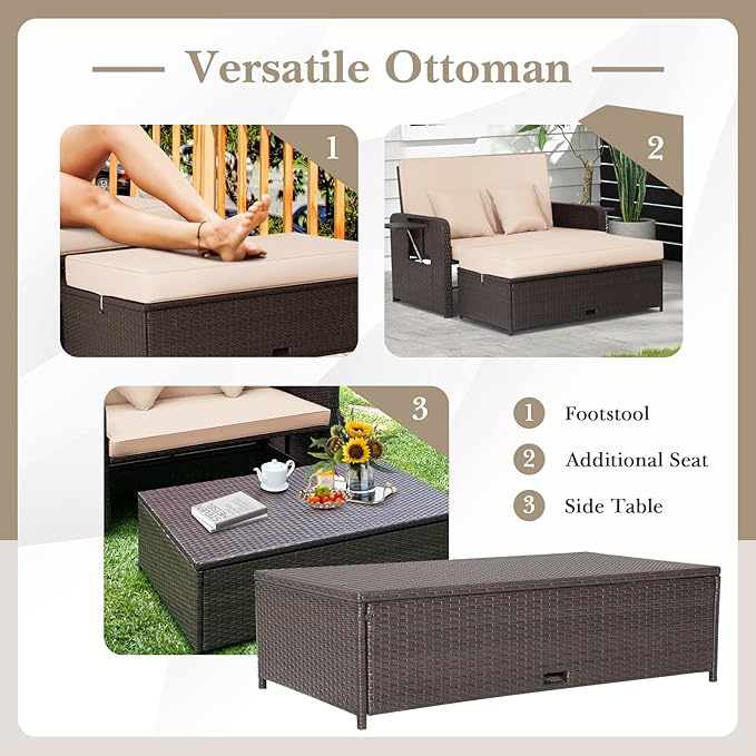 Tangkula Patio Rattan Daybed with 4-Level Adjustable Backrest, Outdoor PE Wicker Loveseat with Storage Ottoman & Folding Side Tray, Double Sunbed Lounger for Balcony, Backyard & Poolside