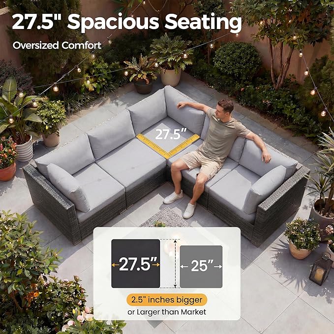 NICESOUL 6 Seats Modern Outdoor Furniture Set with Firepits Natural Gas/Propane, Extra Large Wicker Patio Sofa Sectionals for Outside, 29.3'' High Backrest Modular Deep Seated Conversations, Gray