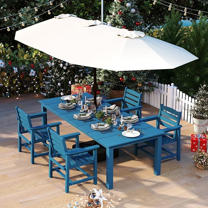5-Piece Blue Outdoor Dining Set with White 15FT Large Patio Umbrella, 75.2'' HDPE Table & Chairs for 8, Weather-Resistant Furniture with Umbrella Hole for Patio, Lawn, Poolside