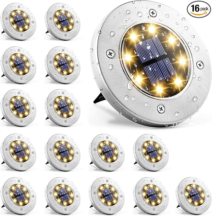 GIGALUMI Solar Ground Lights - No-Drill Fence Lighting Solution, Waterproof Perimeter Lights Compatible with Wood, Metal & Concrete Fences (16 Pack Warm White)