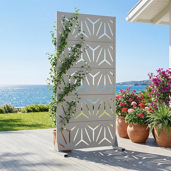 Casaphoria Metal Privacy Screen Outdoor, 60" H x 30" W Freestanding Decorative Privacy Screen for Patio Deck Balcony Garden with Stable Base, Grey-Star