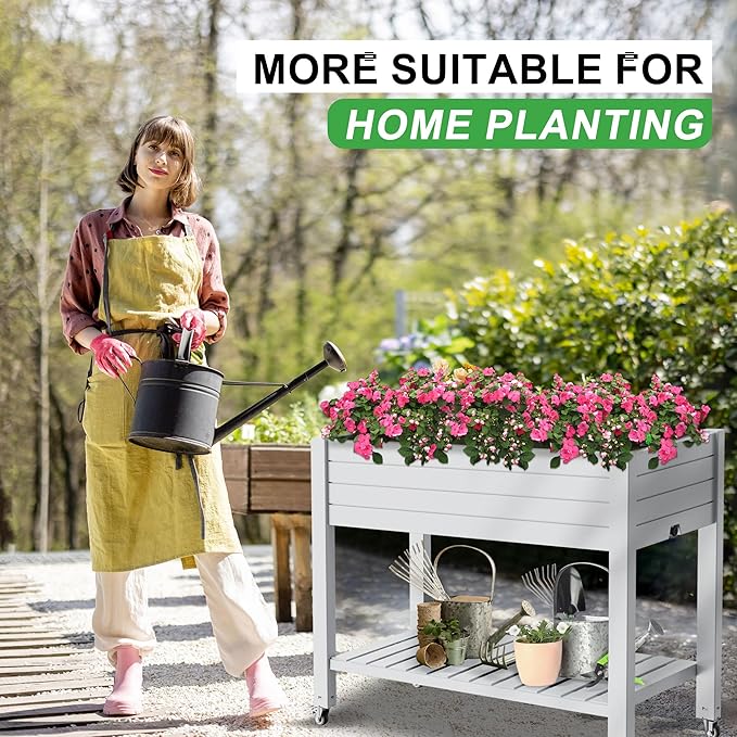 Raised Garden Bed with Legs, 33.66" Tall Self-Watering Resin Planter Box with Lockable Wheels Drainage Plug and Gauge for Vegetables, Flowers, Storage Shelf for Tools and Accessories (Ashen)