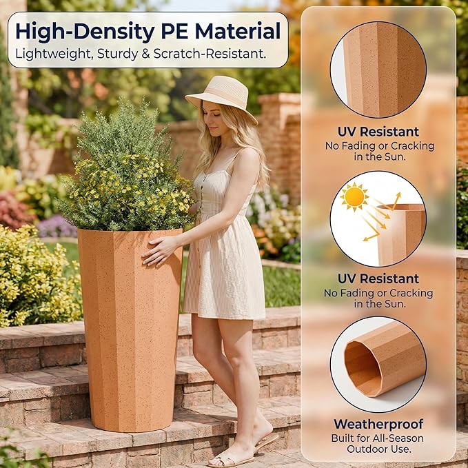 23.6" H Tall Planters for Outdoor Plants, 2 Pack Large Outdoor Planters for Porch Decor with Automatic Drainage Hole, Plastic Stripe Design Flower Pots Fits Indoor Plants Patio Garden, Black