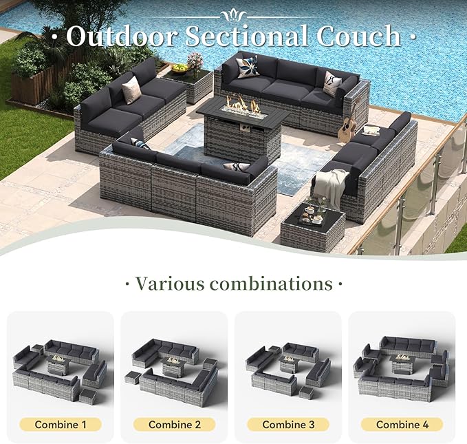 Aoxun 15 Piece Patio Furniture Set with Fire Pit Table Wicker Rattan Outdoor Sectional Sofa Set with Coffee Table and 4” Thickened Cushions, Grey/Black (Waterproof Cover Included)