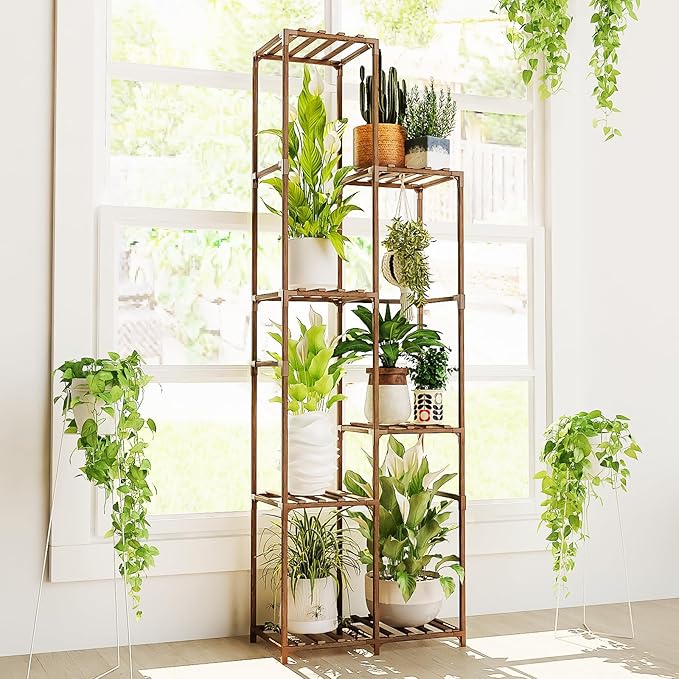 Bamworld Tall Plant Stand Indoor Corner Outdoor Plant Shelf Wood Plant Holder for Multiple Plants Flower Stands Plants Rack Living Room Garden Patio Lawn Window, Brown